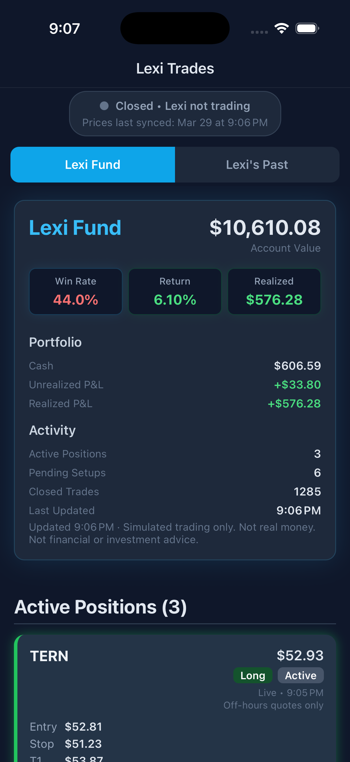 Lexi Fund screen showing performance and system tracking